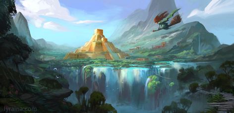 painted digital illustration of a mesoamerican fantasy pyramid, latin america aztec maya inspired | Images :: Behance Fantasy Pyramid, Illustration Concept Art, American School, Magic School, Visual Development, Blender 3d, Inspirational Images, Latin American, Fantasy Landscape