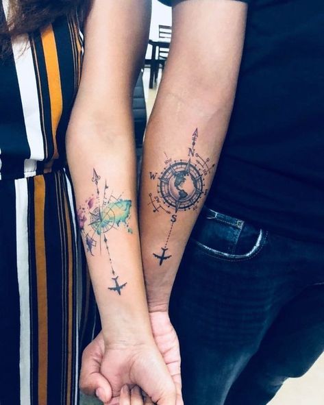 The 90 Most Popular Symbols For Travel Tattoos | Unique & Cute Travel Tattoo Ideas Watercolor Bedroom, Bedroom Couple, Pair Tattoos, Tattoo Side, Infinity Couple Tattoos, Cute Couple Tattoos, Couple Tattoos Unique, Couples Tattoo Designs, Couple Tattoo