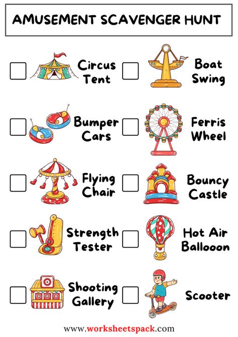 A Thrilling Amusement Park Scavenger Hunt - worksheetspack Playground Scavenger Hunt, Park Scavenger Hunt, Park Activities, Paper Umbrella, Library Activities, Paper Umbrellas, Circus Tent, Team Building Events, Family Outing