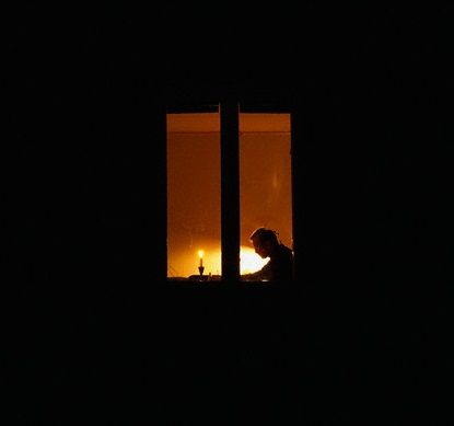 Looking through night time windows at a slice of life.  Working by candlelight.... Peering Through Window, Lit Windows At Night, Candle By Window, Lit Up Windows At Night, Looking Out A Window Painting, Window At Night Painting, Silhouette In Window, Looking Through Photography, Night Window Painting