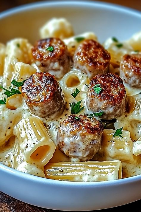 Garlic Sausage Alfredo Rigatoni Garlic Sausage Dinner Recipes, Cooked Italian Sausage Recipes, Hot Ground Italian Sausage Recipes, Italian Rope Sausage Recipes, Honey Garlic Italian Sausage Recipes, Ravioli With Italian Sausage, Italian Sausage And Asparagus Recipes, Italian Wedding Pasta, Stuffed Italian Sausage Recipes