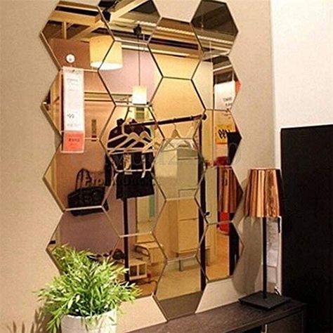 Mirror Art Diy, Mirror Hexagon, Hexagonal Tiles, 3d Mirror Wall Stickers, Dekorere Bad, Tiles Living Room, Hexagon Mirror, Spiegel Design, 3d Mirror