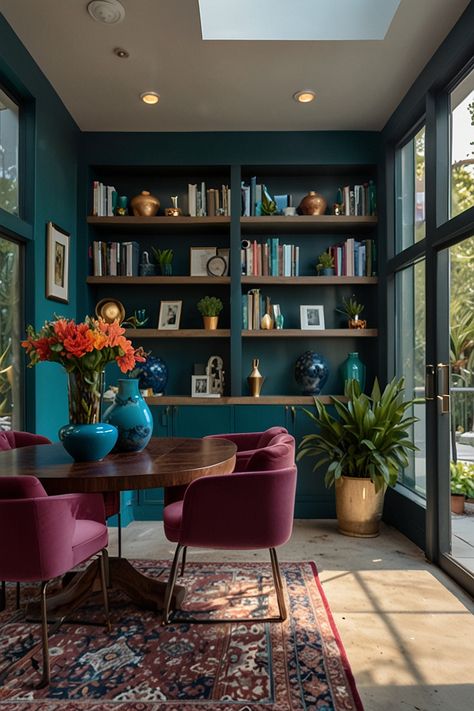 Jewel tone office space looking out in to an oasis fil 1 Jewel Tone Library, Jewel Toned Office, Warm Office Decor, Jewel Tone Office, Jewel Tone Color Scheme, Colorful Office Decor, Teal Office, Eclectic Office, Cottage Office