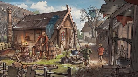 ArtStation - Viking Blacksmith Exterior, Gustine Salomon Viking Blacksmith, Beer Stand, Viking Village, Snow House, Blacksmith Forge, Location Design, Norse Pagan, Iron Heart, Fantasy House