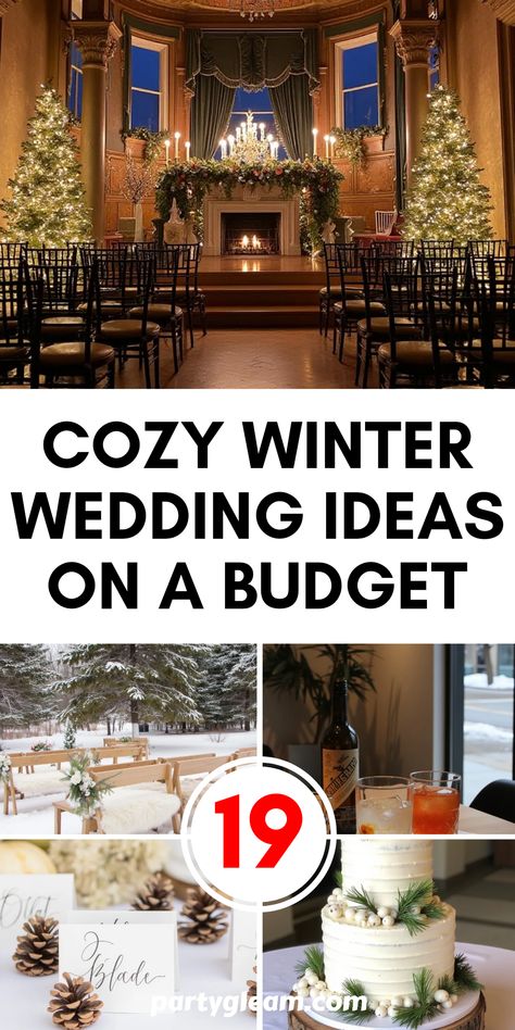 Explore 19 cozy winter wedding ideas on a budget featuring cake embellishments, simple ideas for cocktail hour, and creative use of holiday decor. This pin includes 5 images with inspiring concepts perfect for any couple planning their special day in chilly season. Cool Winter Wedding Ideas, Winter Wonderland Vow Renewal, Outdoor December Wedding Ideas, Winter Minimalist Wedding, December Wedding Not Christmas, Indoor Winter Wedding Ideas, Winter Christmas Wedding Ideas, Winter Weddings Wedding Ceremony Decor, Christmas Wedding On A Budget