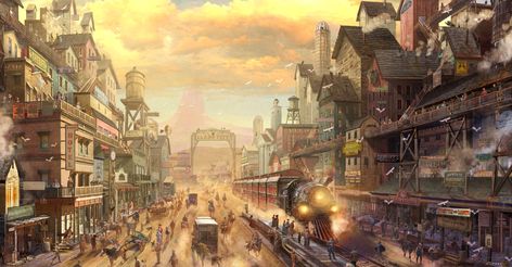 ArtStation - Llano the BIG City, Jeff Jumper Apocalypse Town Concept Art, Western Town Fantasy Art, Western City Concept Art, Wild West Scenery Art, Fantasy Wild West Town, Wild West Town Art, Steampunk Western Art, Space Western Art, Steampunk Western Wild West