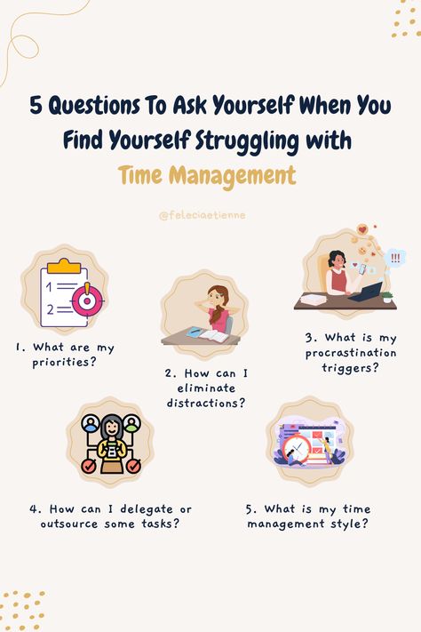 You're juggling a lot of balls, and you're feeling overwhelmed. You know you need to get your time under control, but you don't know where to start. Time management can be daunting, but it's not impossible. These five questions will help get you started on the right path. Time management | Time management tips | Time management strategies | Personal development | Personal development goals #productivity #time #strategies #tipsandhacks Tips For Time Management, Time Management Group Activities, Planning Tips Time Management, Time Management In College, 8 8 8 Rule Time Table, How To Improve Time Management Skills, Mind Management Not Time Management, Time Management Exercise, How To Time Management