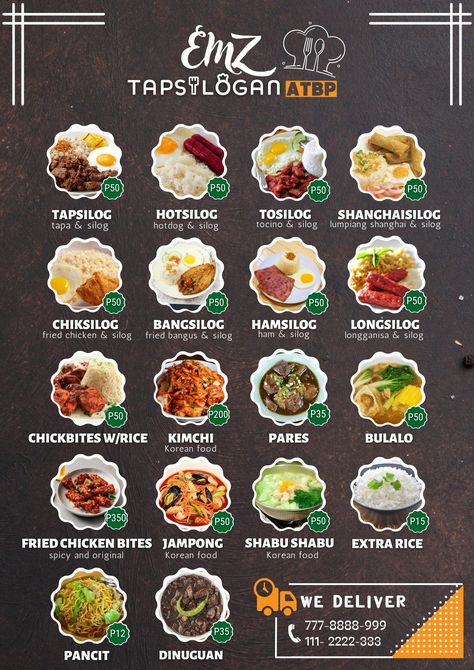 Tapsilog Menu Design, Silog Meals Menu Board, Silog Meals Ideas Business, Filipino Menu Design, Silog Meals Menu, Food Business Ideas Philippines, Silog Meals Ideas, Filipino Food Menu, Pinoy Street Food