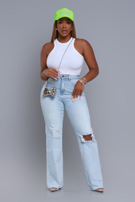 Shop our Rewind High Rise Distressed Straight Leg Jeans - Light Wash at Swank A Posh. Find more boutique clothing you'll love. Download the Swank app! Denim And White Outfits Classy, How To Style Straight Leg Jeans, Women Fall Outfits 2024, Uptown Outfits, Wide Leg Joggers Outfit, Stylish Jeans Top, Jeans And Heels Outfit, Light Jeans Outfit, Jeans Dress Outfit