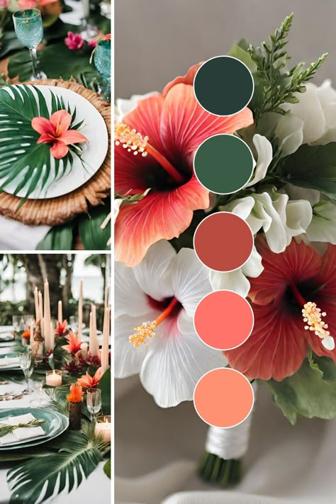 9 Enchanting Summer Wedding Themes: Inspiring Color Ideas, Decor, Favors, and More - Francisca's Bridal Miami Wedding Color Palette, Wedding Luau Hawaiian Theme, Tropical Summer Party Decorations, Wedding Hawaiian Theme, Moody Tropical Color Palette, Tropical Wedding Bridesmaid Dresses Color Palettes, Tommy Bahama Wedding, Florida Spring Wedding, Beach Wedding Flowers Tropical Bridal Bouquets