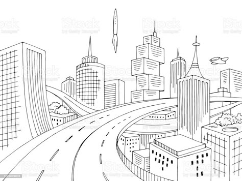 Future City Drawing, City Drawing Easy, Drawing Easy For Kids, Cityscape Drawing, Sports Coloring Pages, Drawing Competition, Perspective Drawing Lessons, City Sketch, Visiting Card Design