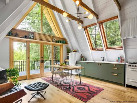 Catskill Chalet A-Frame with Updated Interior on 2.4 Acres A-frame Interior, Cabin Style Home, A Frame House Plans, Sleeping Loft, Casa Container, A Frame Cabin, A Frame House, Cabin Style, Home Decorating Ideas