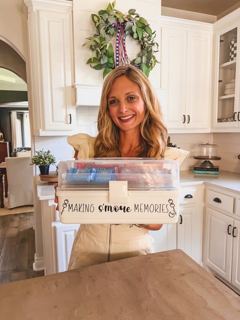 Leanna holding a S'mores Tackle Box with "Making S'more Memories" on it Smores Basket, Chocolate Graham Cracker Cookies, Smores Caddy, Backyard Campout, Graham Cracker Cookies, Cracker Cookies, Chocolate Graham Crackers, Fishing Tackle Box, Diy Basket