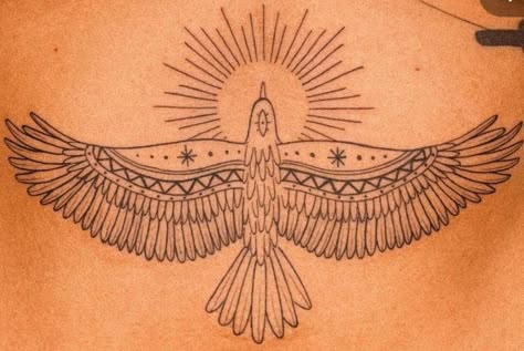 Minimalist Hawk Tattoo, Art Deco Tattoo Design, Hawk Back Tattoo, Hawk Tattoo Feminine, A Sun Tattoo, September Tattoo, Symbol Ideas, Tattoo Canvas, Bird Tattoo Back