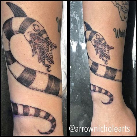 Wrap around Beetlejuice sandworm tattoo Sand Snake Tattoo Beetlejuice, Beetle Juice Snake Tattoo, Beatle Juice Tattoos, Sand Worm Beetlejuice Tattoo, Sand Worm Tattoo, Beetle Juice Sandworm Tattoo, Bettle Juice Tattoos, Beetlejuice Snake Tattoo, Sandworm Beetlejuice Tattoo