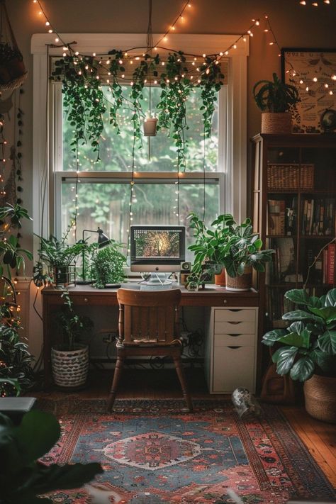 Eclectic Boho Office, Earthy Office Aesthetic, Feminine Office Space Bohemian, Boho Theme Office, Boho Guest Room Office, Boho Office Inspiration, Plant Office Aesthetic, Whimsical Office Ideas, Boho Eclectic Apartment