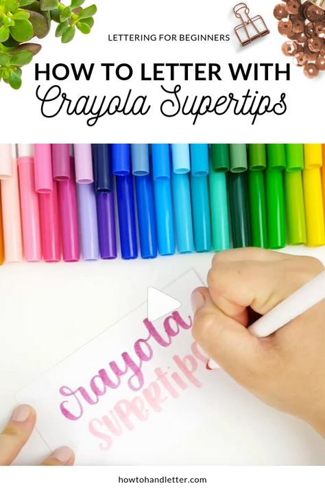 Learn how to hand letter with crayola supertips! Click here to watch my video tutorial where I share my crayola lettering tips for beginners! | How To Handletter | Lettering Tips | Lettering Styles | Simple Hand Lettering | Lettering DIY | Lettering Fonts | Lettering Practice | Lettering Tutorials | Hand Lettering | Hand Lettering for Beginners | How To Hand Letter | Crayola Pens | Crayola Lettering | #handletteringforbeginners #crayola Crayola Pens, Lettering Techniques, Crayola Calligraphy, Practice Lettering, Brush Lettering Font, Best Brush Pens, Hand Lettering 101, Lettering For Beginners, Diy Lettering