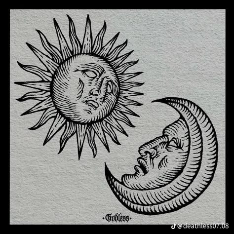 Traditional Sun Tattoo, Lucky Tattoo, Etching Tattoo, Sun Moon Illustration, Woodcut Tattoo, Woodcut Illustration, Sun Tattoo Designs, Medieval Tattoo, Engraving Tattoo