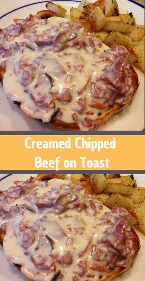 Creamed Chipped Beef is a dish composed of chopped dried beef in a luscious, smooth, lightly seasoned white sauce. The sauce with the cream is typically a béchamel sauce made from flour, butter, and milk. Usually, you can serve this dish with toast, but it also good with eggs or potatoes. Creamed chipped beef may Creamed Chipped Beef On Toast, Chipped Beef On Toast, Beef On Toast, Creamed Chipped Beef, Creamed Beef, Pork Chops And Potatoes, Chipped Beef, Weeknight Recipes, Comfort Dishes