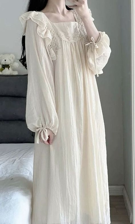 Victorian Style Nightgown, Floor Length Nightgown, Pajama Dress Nightgowns, Princess Nightgown Aesthetic, Victorian Nightgown Aesthetic, Medieval Pajamas, 1800s Nightgown, Nightgowns Aesthetic, Night Gown Aesthetic