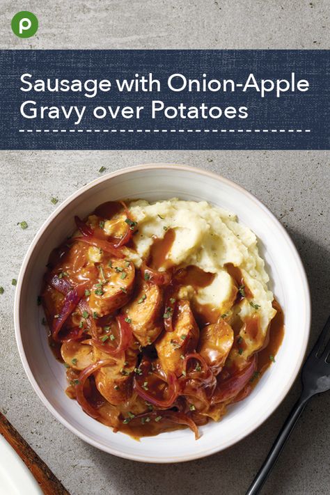 Publix Recipes Aprons, Maple Sausage Recipes, Publix Meals, Sausage And Mashed Potatoes, Apple Gravy, Publix Aprons Recipes, Publix Recipes, Sausage Dinner, Sweet Apples