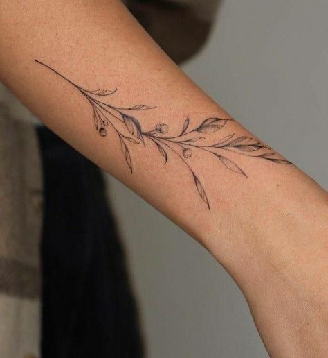 Olive Branch Tattoo With Flowers, Feminine Olive Branch Tattoo, Leafy Branch Tattoo, Olive Branch Tattoo Arm Wrap Simple, Olive Branch Tattoo With Words, Olive Branch Tattoo Dainty, Olive Branch Elbow Tattoo, Olive Branch Wrist Wrap Tattoo, Olive Fine Line Tattoo