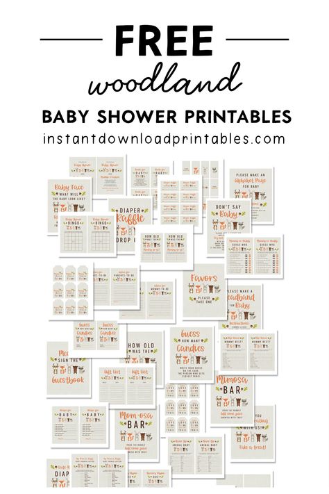 Woodland Party Printables Free, Baby Shower Games Woodland Theme Free Printable, Printable Woodland Animals Free, Don't Say Baby Game Sign Printable Free, Free Woodland Baby Shower Printables, Baby Shower Games Woodland Theme, Free Woodland Animal Printables, Woodland Animal Prints Free Printables, Free Printable Baby Shower Games Prints