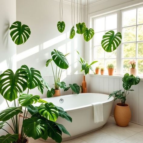 Sunlit bathroom with Monstera plants creating a serene atmosphere for relaxation and rejuvenation. Monstera Bathroom, Monstera Plants, Monstera Plant, Indoor Plant, Indoor Plants, Natural Light, Oasis, Relaxation, At Home