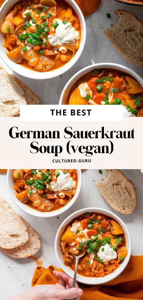 Sauerkraut Soup Recipes, German Sauerkraut, Soup With Mushrooms, Gourmet Soup, Sauerkraut Soup, Eastern European Recipes, Plant Based Soups, Sauerkraut Recipes, Soup Vegan