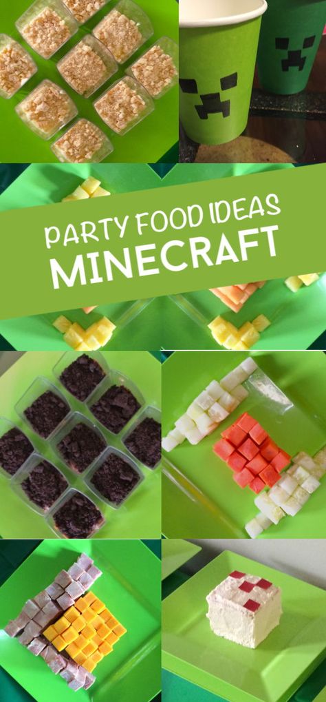 Host a Minecraft party with these fun birthday party foods. #twitchetts #minecraft #party Minecraft Party Snacks, Minecraft Birthday Party Food, Birthday Party Foods, Minecraft Lunch, Minecraft Party Food, Diy Minecraft Birthday Party, Kids Birthday Food, Munchies Snacks, Theme Snack