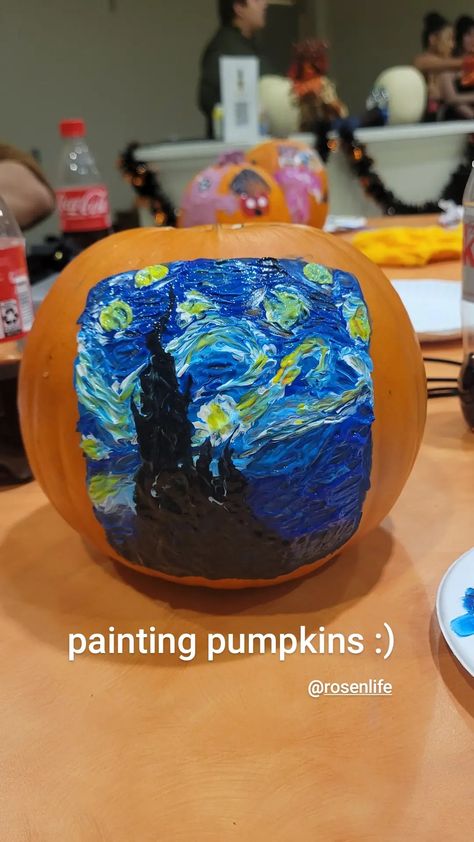 Space Pumpkin Painting, Van Gogh Pumpkin Painting, Pumpkin Painting Starry Night, Space Pumpkin, Paint Starry Night, Celestial Painted Pumpkins, Starry Night Pumpkin Art Lesson, Starry Night Pumpkin, Halloween Night Sky Painting