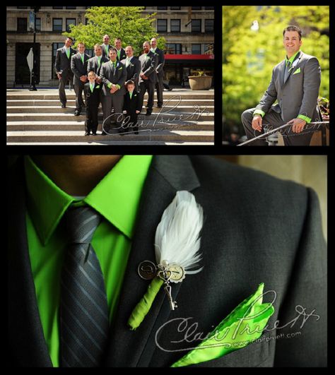 Lime green and grey for the guys! So cool! Lime Green Wedding Theme Color Combos, Black And Neon Green Wedding, Turquoise Groomsmen, Neon Green Wedding, Lime Green Weddings, Purple And Green Wedding, Green Weddings, Green Themed Wedding, Suits Men