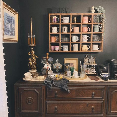 Coffee House Aesthetic Living Room, Dark Academia Coffee Bar, Thrifted Coffee Bar, Eclectic Coffee Bar, Witchy Coffee Bar, Gothic Coffee Bar, Aesthetic Coffee Bar, Goth Coffee Bar, Coffee Mug Storage