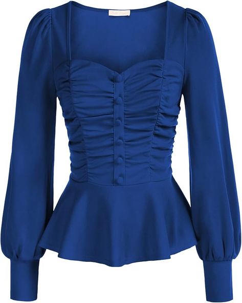 Women Red Lantern Sleeve Vintage Tops Elegant Fit Ruched Front Peplum Blouse Tops (Red,S) at Amazon Women’s Clothing store Female Steampunk, Puffed Long Sleeves, Steampunk Women, Defined Waist, Lantern Sleeved Blouses, Women Blouses Fashion, Sleeves Designs For Dresses, Puff Long Sleeves, Polka Dress