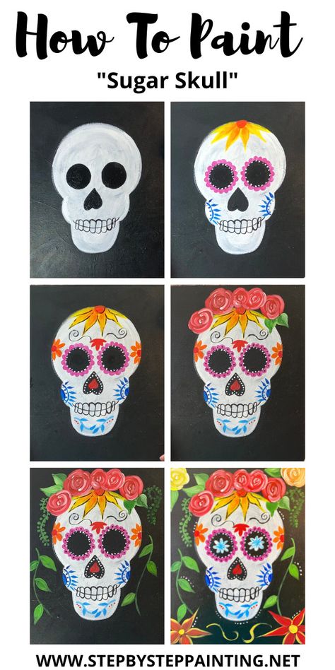 Halloween Skull Painting Ideas, How To Paint Skulls On Canvas, Dia De Los Muertos Canvas Painting Ideas, Sugar Skull Kids Art, Painting Elementary Art, Painted Sugar Skull Pumpkins, Halloween Craft For Second Grade, Painting Sugar Skulls, Painting Skull Ideas