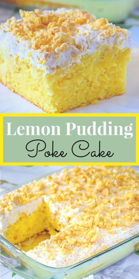 Lemon Pudding Poke Cake is delightfully lite and refreshing! Made easy by starting with a box cake mix, adding creamy pudding, and topping with homemade whipped cream icing filled with lemon Oreo cookies. This is a lemon lover's dream! #lemonpokecake #lemonpuddingpokecake #pokecake #lemoncake Lemon Oreo, Lemon Cake Mix Recipe, Poke Cake Lemon, Whipped Cream Icing, Pudding Poke Cake, Lemon Pudding Cake, Cake Mix Desserts, Cream Icing, Cake Lemon