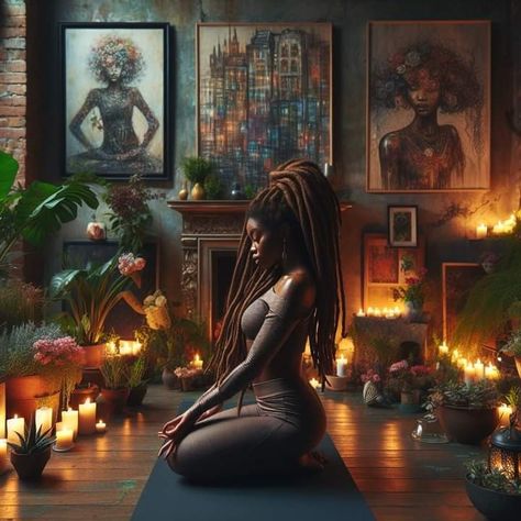 Black Women Witch Aesthetic, African American Witches Black Women, Witch Black Woman, Witchy Black Woman, Black Women Spirituality, Spiritual Woman Aesthetic, Black Goddess Aesthetic, Witch Yoga, Mystical Woman