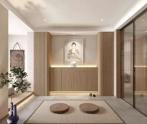 Chinese Altar Design, Buddha Room Design, Small Meditation Room, Meditation Room Design, Buddha Wall Decor, Tatami Floor, Altar Design, Meditation Rooms, Zen Room