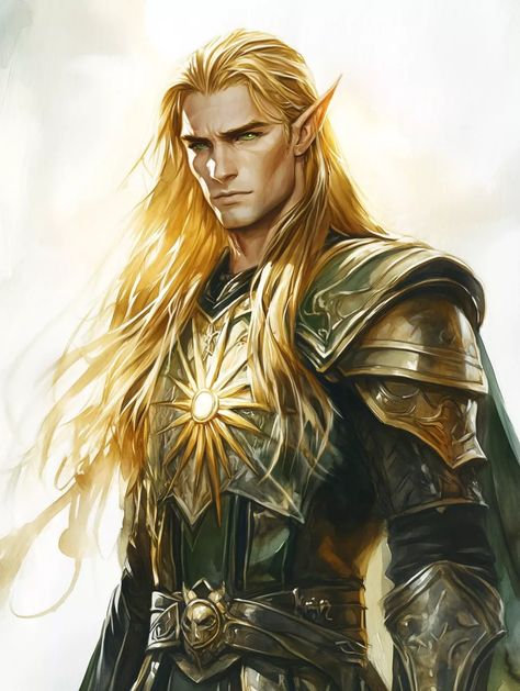 Sun Cleric Character Art, Aasimar Dnd Male, Half Elf Paladin, Half Elf Male, Elf Fantasy Art, Paladin Dnd, Long Golden Hair, Sun Elf, Elf Paladin