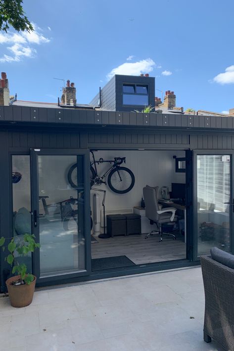 This contemporary combination Garden Office / Lounge room was designed for all the family to create extra room whilst redeveloping their property. This multipurpose use room measures 4.2m x 2.4m. Fully completed project from base and building with electrics & internet is used daily. Plus this entire project had to come through the house. #gardenbuildings #gardenrooms #homeoffices #gardenoffice #summerhouse #insulatedgardenbuilding #gardendesign #workshop #outdoorsbuilding #Contemporary Office Lounge Room, Gym Room Ideas, Mirrored Walls, Dream Gym, Poolside Lounge, Gym Room At Home, Room London, Backyard Office, Office Lounge