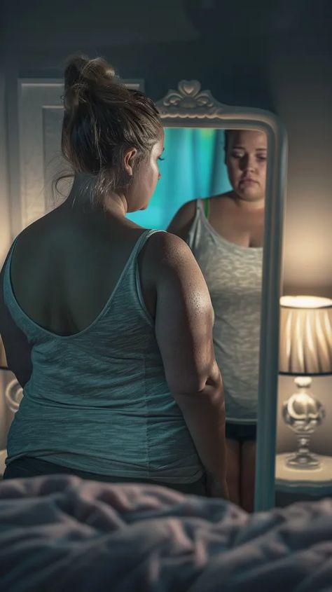 A woman in a gray tank top is standing in front of a mirror. She is looking at her reflection with a sad expression on her face ->> more details in ai-img-gen.com Woman Looking In The Mirror, Standing In Front Of Mirror, Woman Looking In Mirror, Looking At Mirror, Lifestyle Diseases, Habit Change, Drawing Body Poses, Diet Recipes Flat Belly, Gym Photos