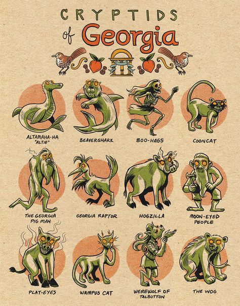 Here we go to the Land of the Peach, cryptids of GEORGIA are here! Featuring some cute cuddlies like ALTIE and BEAVERSHARK, the GEORGIA PIGMAN, the terrifying BOO-HAG, and my new favorite THE WEREWOLF OF TALBOTTON, among many others! What better way to celebrate your state pride than with its mythological creatures? Original drawing Scanned and printed on 11"W x 14"H Epson Premium Photo Paper Shipped in a plastic sleeve, protected in a photo envelope! Cryptids Of Wisconsin, Cryptids Of Arkansas, Cryptids Of Georgia, Cryptids Of Arizona, Southern Cryptids, California Cryptids, Cute Cryptids, Boo Hag, Cryptids Aesthetic