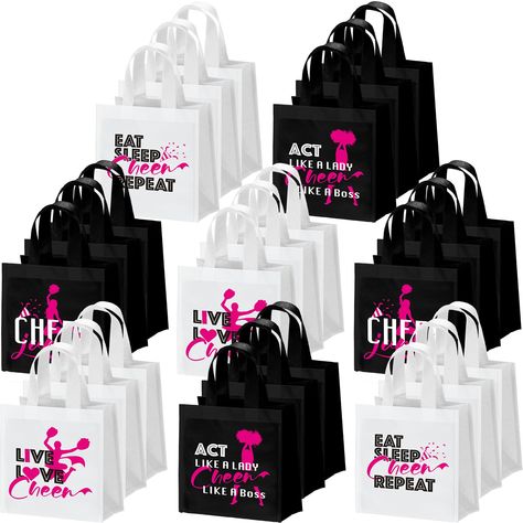 PRICES MAY VARY. non woven Bulk Fun Cheer Themed Totes: with this package, you get 24 cheer goodie bags, each bag showcases novelty prints and catchy slogans that ideally express your love for cheerleading, it's a fun way to carry your items or share with friends and loved ones Spacious and Convenient Size: each cheer bag measures about 7.87 x 7.87 x 5.91 inches/ 20 x 20 x 15 cm, providing plenty of space for your essential items, whether it's snacks, water bottles, books, or makeup items, you h Team Mom Cheerleading Goodie Bags, Cheer Goodie Bag Items, Cheerleader Gift Basket Ideas, Cheer Snacks Ideas Goodie Bags, Cheer Gifts For Team Goody Bags, Cheer Gift Bags, Cheer Snacks, Goodie Bag Items, Snack Treat Bags