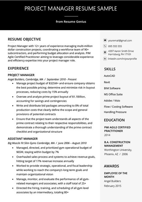 Project Manager Resume Sample & Writing Guide | RG Project Management Resume Examples, Project Manager Skills, Project Manager Resume Examples, Project Management Resume, Construction Project Manager, Free Resume Examples, Project Manager Resume, Job Interview Advice, Job Description Template