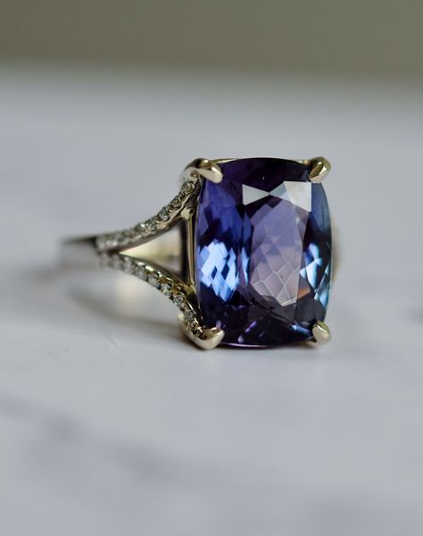 Blue purple Tanzanite Ring. White Gold Engagement Ring. Lavender Blue Tanzanite ring. Cushion split band engagement ring 14k rose gold. Tanzanite Aesthetic, Split Band Engagement Ring, Ornamental Elements, Purple Tanzanite, Woodland Wonderland, Tanzanite Engagement Ring, Ring Cushion, Cushion Cut Ring, White Gold Engagement Ring