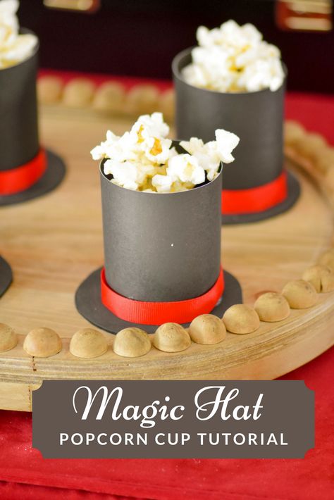 Magic Hat Popcorn Cup Tutorial for Magical Party Food via KarasPartyIdeas - KarasPartyIdeas.com Magic Party Food, Magic Party Theme, Magician Birthday Party, Magician Party, Halloween Lunch Box, Magic Birthday Party, Red Velvet Curtains, Popcorn Cups, Theme Snack