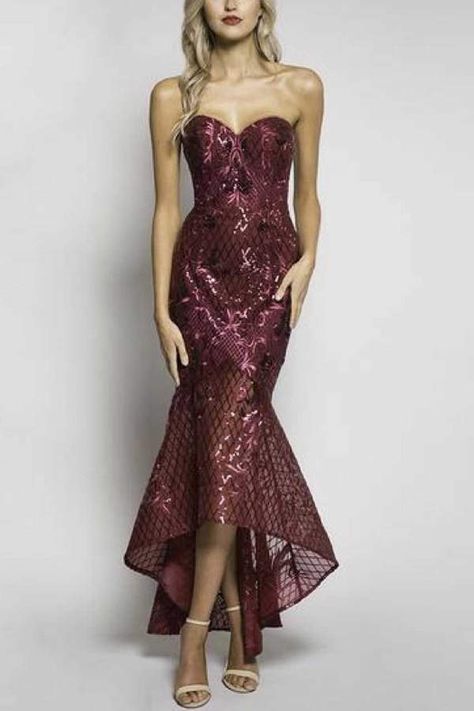 $364.99 Bariano Bariano Gown Moss. Dark red strapless dress with heart shape neckline. High-Low hemline. #Ad Heart Shaped Dress, Heart Shape Dress, Unique Bridesmaid Dresses, Dark Red Dresses, Red Strapless Dress, Gowns Prom, Heart Dress, Necklines For Dresses, Fancy Dresses