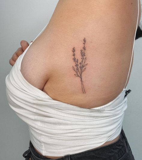 Lavender Stamp Tattoo, Lavender Rib Tattoo, Lavender Tattoo Ribs, Lavender Bouquet Tattoo, Lavender Menace Tattoo, Fine Line Lavender Tattoo, Lavender Tattoos, Lavender Plant Tattoo, Lavender Flower Tattoo