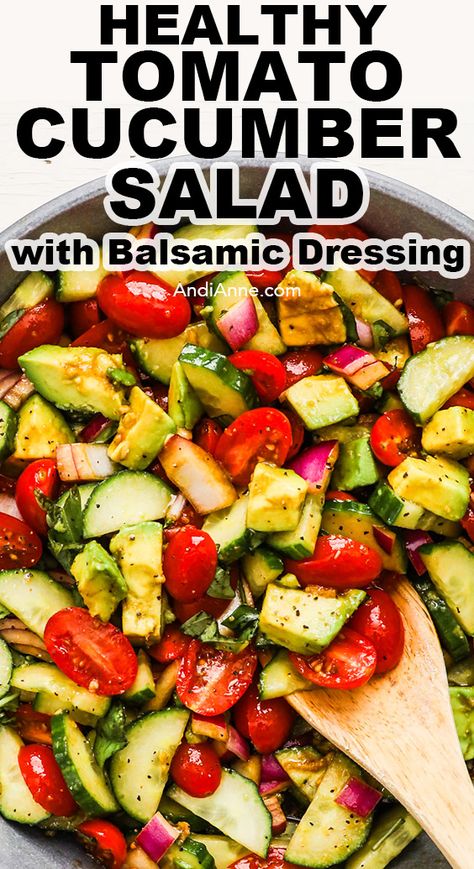 This easy delicious tomato cucumber salad only takes 10 minutes to whip up, and it’s perfect side dish to serve for lunch or dinner at barbecues, picnics, and family events. We're big fans of the sweet and tangy balsamic dressing! Avocado Cucumber Tomato Salad, Cucumber Salad Balsamic Vinegar, Balsamic Cucumber Tomato Salad, Tomato Balsamic, Balsamic Cucumber Salad, Balsamic Tomato Salad, Avacado Salad With Balsamic, Avocado Tomato Cucumber Salad, Tomato And Cucumber Salad