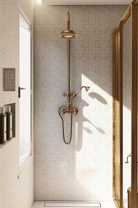 Cottage Showers, Divider Design, Cottage Bathroom, Small Showers, Brass Shower, Design A Space, Beach Bathrooms, Bathroom Renos, Shower Design